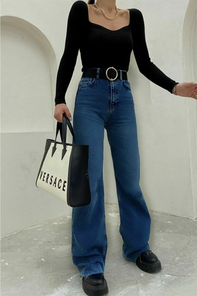 Orta Mavi Likralı Süper Yüksek Bel Salaş Jeans Palazzo Pantolon. (süper Yüksek) Wide Leg