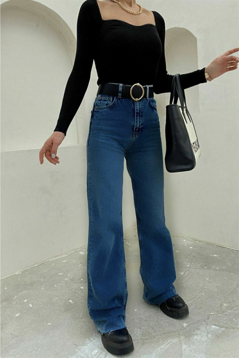 Orta Mavi Likralı Süper Yüksek Bel Salaş Jeans Palazzo Pantolon. (süper Yüksek) Wide Leg Orta Mavi Likralı Süper Yüksek Bel Salaş Jeans Palazzo Pantolon. (süper Yüksek) Wide Leg