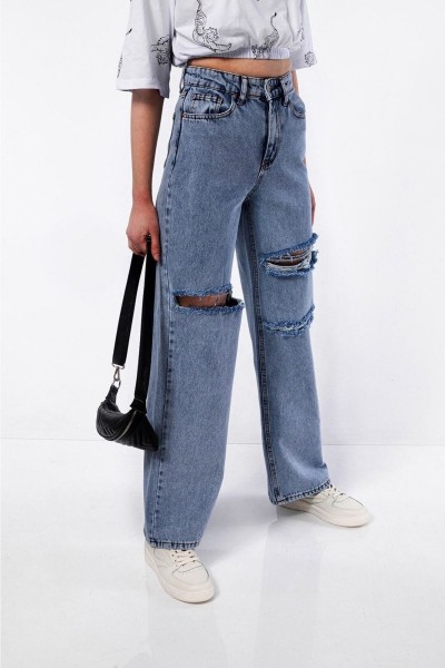 Likralı Yırtık Mavi Kar Yıkama Süper Yüksek Bel Salaş Jean Pantolon. (süper Yüksek) Wide Leg