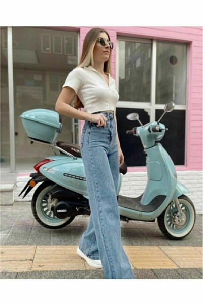 Tess Indigo Mavi Kadın Salaş Likralı 90 s Süper Yüksek Bel Bol Paça Kot Palazzo Pantolon
