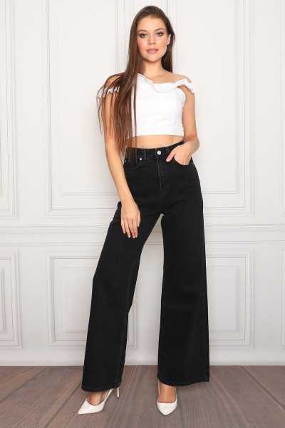 Cansu Likralı Siyah Süper Yüksek Bel Salaş Jeans Palazzo Pantolon (süper Yüksek Solmayan)