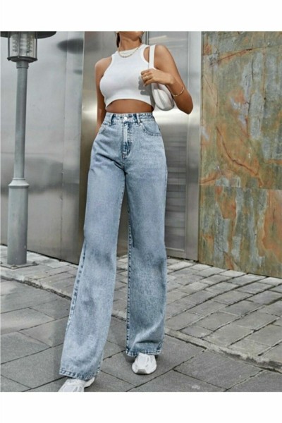 Loa 90 s Likralı Kadın Mavi Kar Süper Yüksek Bel Salaş Paça Denim Kot Palazzo Pantolon