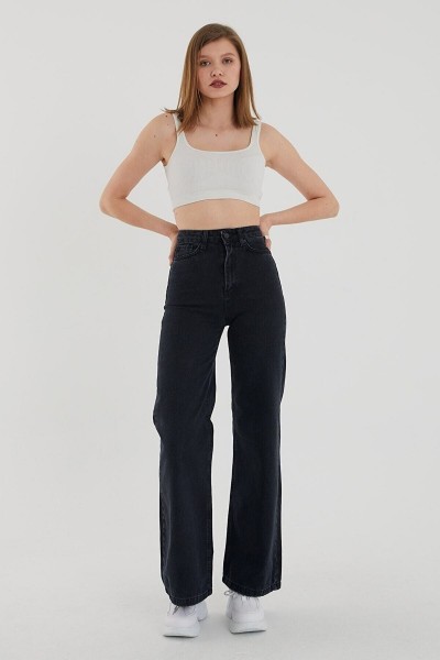 Solmayan Siyah Likralı Süper Yüksek Bel Salaş Jean Palazzo Pantolon. (süper Yüksek.) Wide Leg.