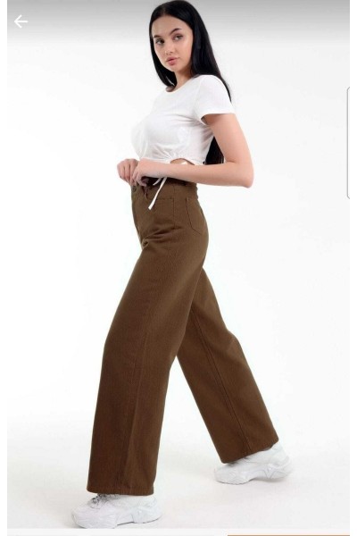 Kahverengi Likralı Süper Yüksek Bel Salaş Jeans Palazzo Pantolon. (süper Yüksek) Wide Leg
