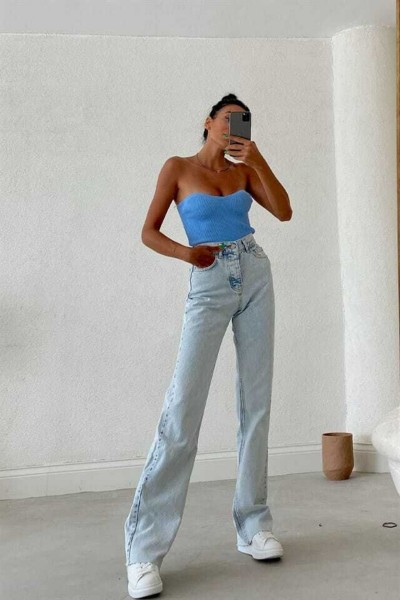 90 s Mavi Buz Kar Yıkama Extra Yüksek Bel Palazzo Salaş Jean Pantolon