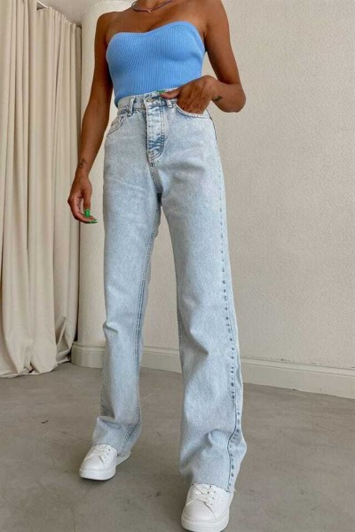 90 s Mavi Buz Kar Yıkama Extra Yüksek Bel Palazzo Salaş Jean Pantolon