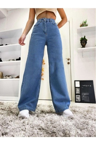 Orta Mavi Likralı Süper Yüksek Bel Salaş Jeans Palazzo Pantolon. (süper Yüksek)