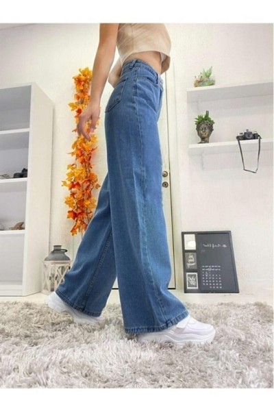 Orta Mavi Likralı Süper Yüksek Bel Salaş Jeans Palazzo Pantolon. (süper Yüksek)