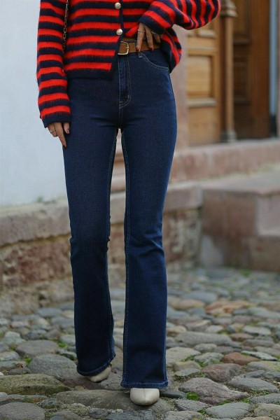 Koyu Mavi Ispanyol Paça Likralı Flare Jeans Kot Pantolon