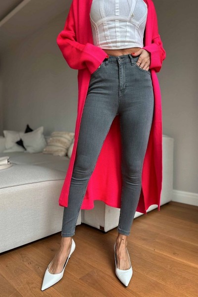 Zümra Skinny Kot Pantolon Gri Toparlayıcı Likralı Yüksek Bel Jean