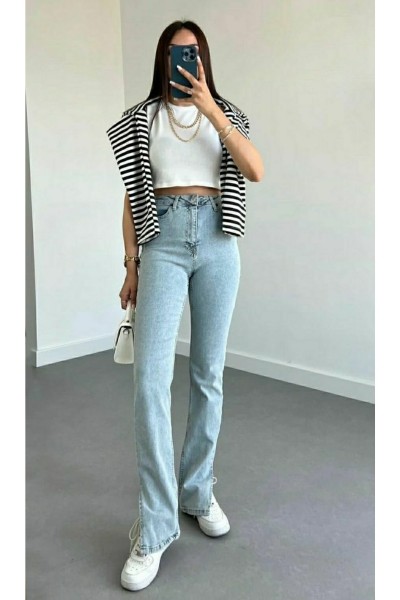 Candy Power Likralı Kadın Buz Kar Yüksek Bel Yandan Yırtmaçlı Salaş Paça Jans Kot Pantolon