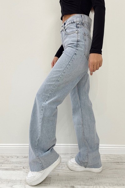 Penelope Likralı Kadın Mavi Kar Süper Yüksek Bel Salaş Paça Denim Kot Palazzo Pantolon