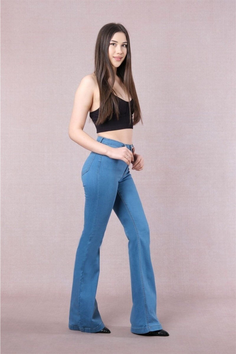 Raymond Laura Ispanyol Jeans Ispanyol Kot Yüksek Bel Solmaz Orta Mavi Pantolon Jean