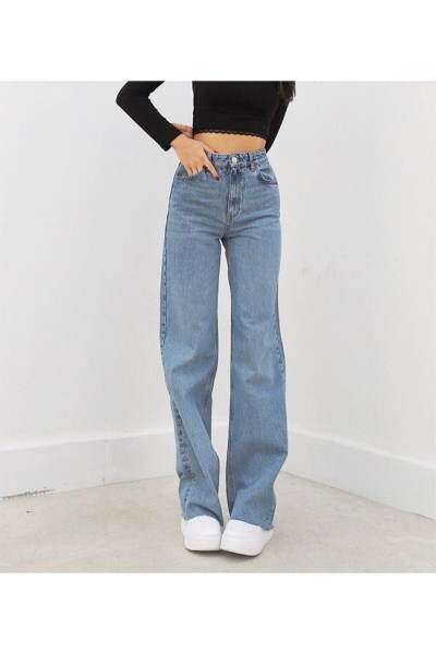 Linda Likralı 90 s Kadın Mavi Kar Süper Yüksek Bel Salaş Paça Denim Kot Palazzo Pantolon