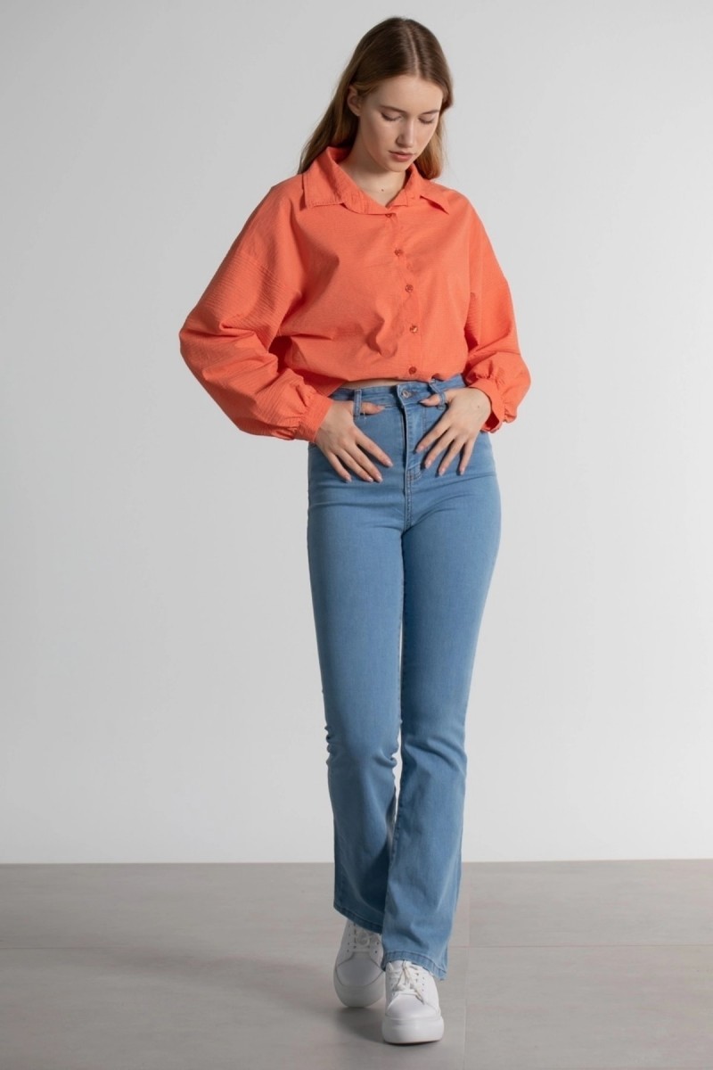 Diqsomania Kadın Buz Mavi Ispanyol Kalıp Ispanyol Paça Yüksek Bel Jean