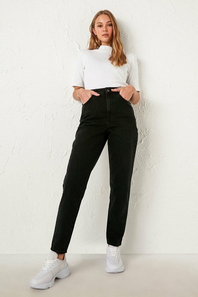 Siyah Jeans Kadın Beli Lastikli Yüksek Bel Mom Jeans