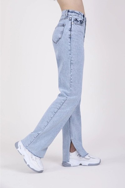 Mavi Yırtmaçlı Yüksek Bel Slim Ispanyol Jeans