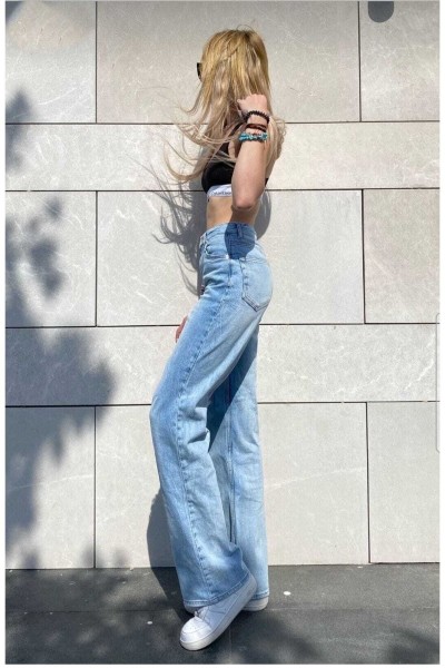 Orta Mavi Rikralı Salaş Yüksek Bel Salaş Paça Denim Kot Pantolon