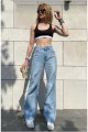 Orta Mavi Rikralı Salaş Yüksek Bel Salaş Paça Denim Kot Pantolon Orta Mavi Rikralı Salaş Yüksek Bel Salaş Paça Denim Kot Pantolon