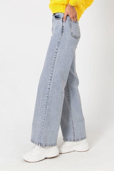 Napoli Kadın Mavi Kar Yıkama Süper Yüksek Bel Likralı Salaş Paça Denim Kot Pantolon