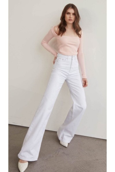Beyaz Süper Yüksek Bel Salaş Düz Detay Jeans Palazzo Pantolon( Süper Yüksek ) Wide Leg.