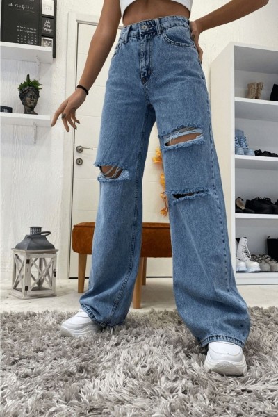 Yırtık S.o.l.m.a.z Mavi Likralı Süper Yüksek Bel Salaş Jean Pantolon. (süper Yüksek) Wide Leg