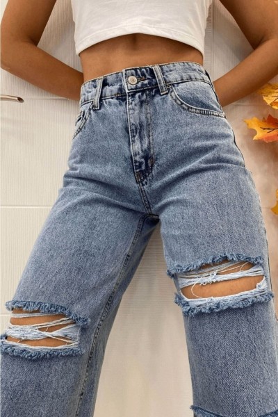 Yırtık S.o.l.m.a.z Mavi Likralı Süper Yüksek Bel Salaş Jean Pantolon. (süper Yüksek) Wide Leg
