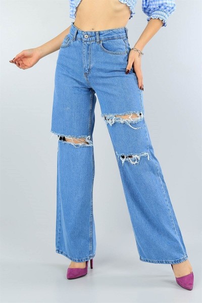Maria Extra Süper Yüksek Açık Mavi Salaş Yırtık Jean Pantolon ( Solmayan) Wide Leg Drslspaca 2