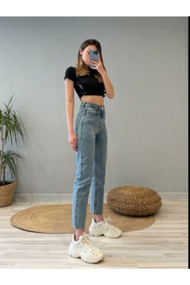 Mavi Likralı Yüksek Bel Slim Mom Jeans