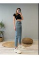 Mavi Likralı Yüksek Bel Slim Mom Jeans