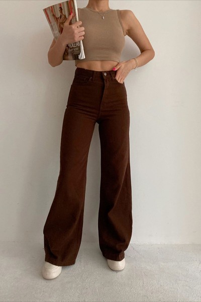 Kahverengi Likralı Süper Yüksek Bel Salaş Jeans Palazzo Pantolon. (süper Yüksek) Wide Leg