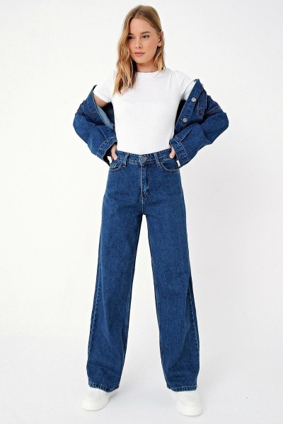Koyu Mavi Likralı Süper Yüksek Bel Salaş Jeans Palazzo Pantolon. (süper Yüksek) Wide Leg