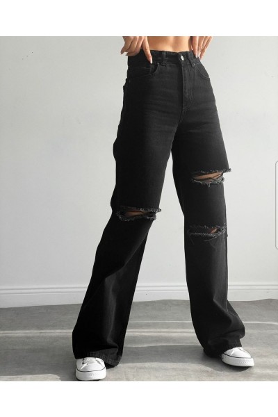 Fashion Nova Likralı Salaş Kadın Siyah Yırtık Süper Yüksek Bel Salaş Paça Denim Kot Pantolon
