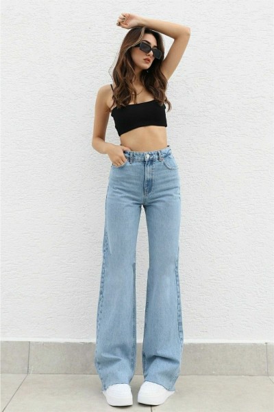 Kadın Salaş Likralı 90 s Solmayan Mavi Süper Yüksek Bel Salaş Paça Denim Kot Palazzo Pantolon