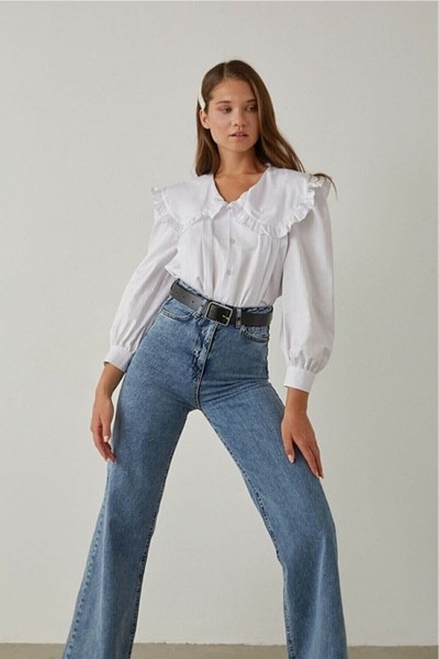All Star Orta Kar Likralı Kadın Mavi Süper Yüksek Bel Salaş Paça Denim Kot Palazzo Pantolon