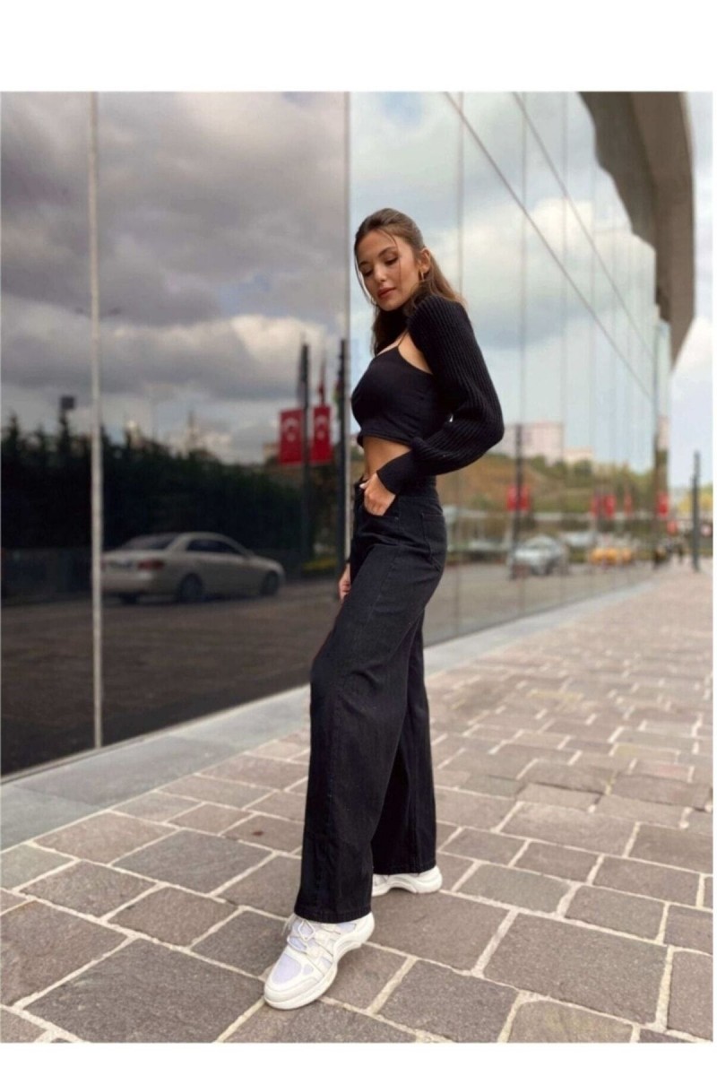 Siyah Likralı Süper Yüksek Bel Salaş Düz Detay Jeans Palazzo Pantolon( Süper Yüksek ) Wide Leg. Siyah Likralı Süper Yüksek Bel Salaş Düz Detay Jeans Palazzo Pantolon( Süper Yüksek ) Wide Leg.