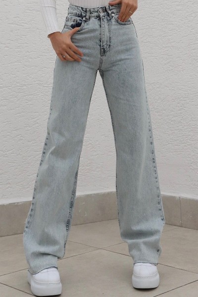 Quinn Likralı Kadın Buz Mavi Süper Yüksek Bel Salaş Paça Denim Kot Palazzo Pantolon