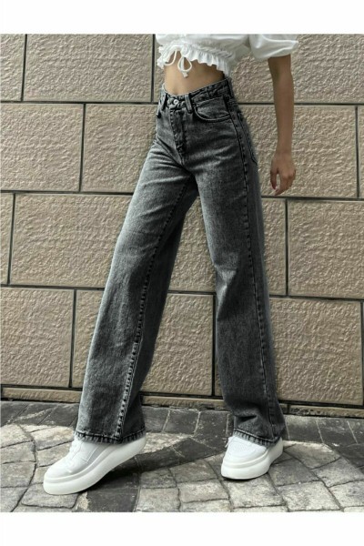 Füme Power Likralı Süper Yüksek Bel Salaş Jeans Palazzo Pantolon