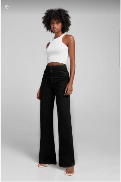 Moore Solmaz Siyah Likralı Süper Yüksek Bel Salaş Jeans Palazzo Pantolon Wide Leg Denim