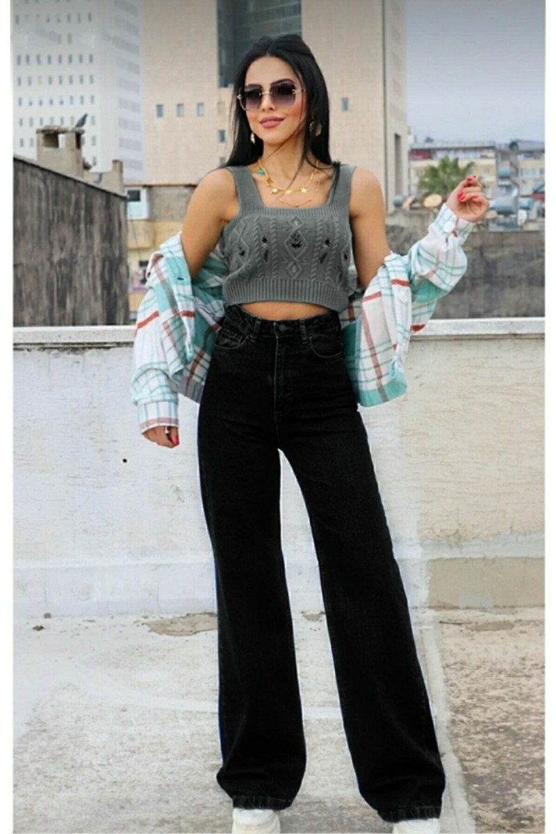 Küba Siyah Likralı Süper Yüksek Bel Kot Salaş Paça Jeans Palazzo Pantolon