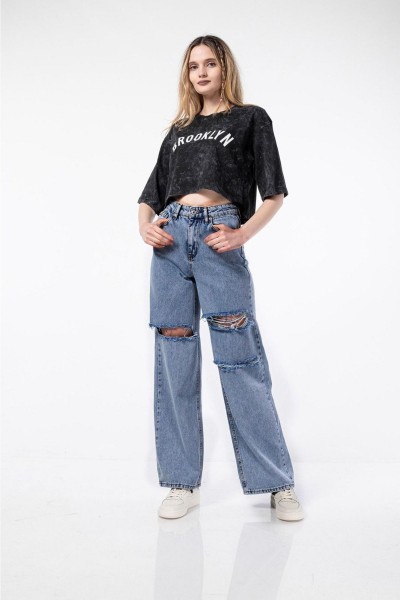 Likralı Yırtık Mavi Kar Yıkama Süper Yüksek Bel Salaş Jean Pantolon. (süper Yüksek) Wide Leg