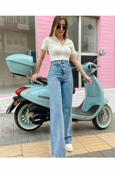 Tess Indigo Mavi Kadın Salaş Likralı 90 s Süper Yüksek Bel Bol Paça Kot Palazzo Pantolon