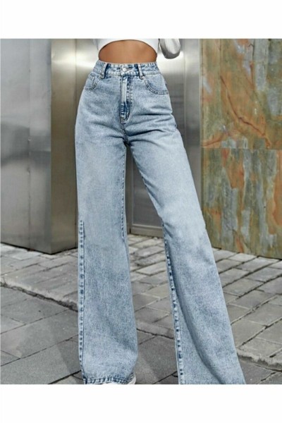 Loa 90 s Likralı Kadın Mavi Kar Süper Yüksek Bel Salaş Paça Denim Kot Palazzo Pantolon