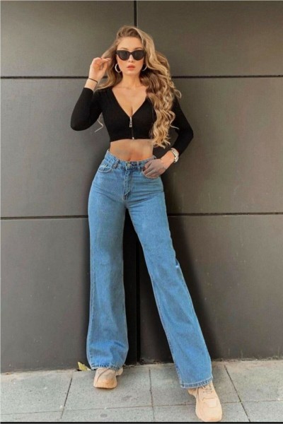Orta Mavi Power Likralı Yırtık Süper Yüksek Bel Salaş Jeans Palazzo Pantolon