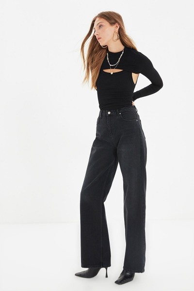 Solmayan Siyah Likralı Süper Yüksek Bel Salaş Jean Palazzo Pantolon. (süper Yüksek.) Wide Leg.