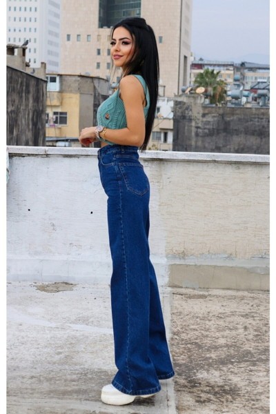 Blue 90 s Orta Koyu Mavi Likralı Süper Extra Yüksek Bel Palazzo Salaş Jean Pantolon