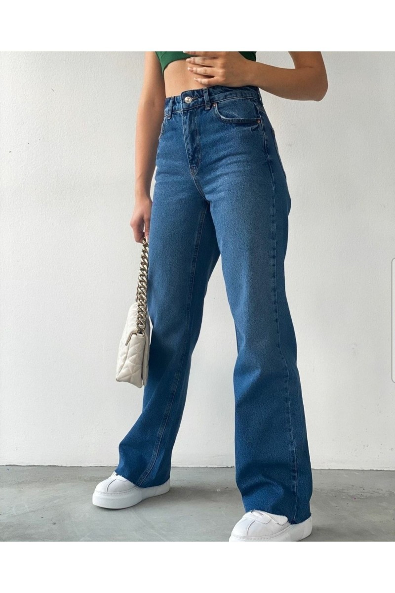 Koyu Mavi Salaş Likralı Kadın Süper Yüksek Bel Salaş Paça Denim Kot Palazzo Pantolon Koyu Mavi Salaş Likralı Kadın Süper Yüksek Bel Salaş Paça Denim Kot Palazzo Pantolon