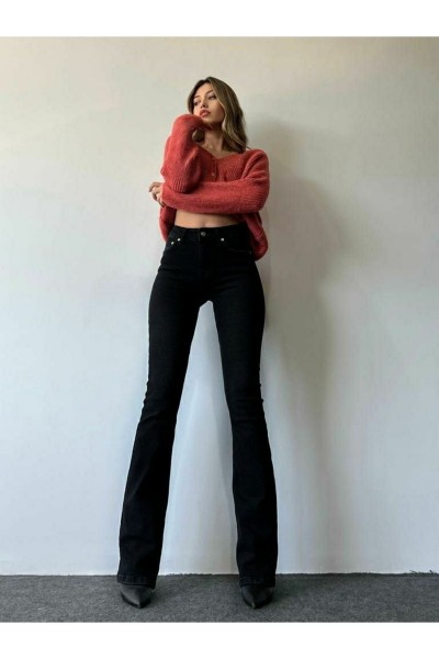 Lina Siyah Ispanyol Paça Likralı Flare Jeans Kot Pantolon Toparlayıcı
