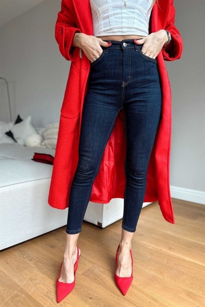 Koyu Mavi Skinny Dar Paça Jean Kadın Power Likra Toparlayıcı