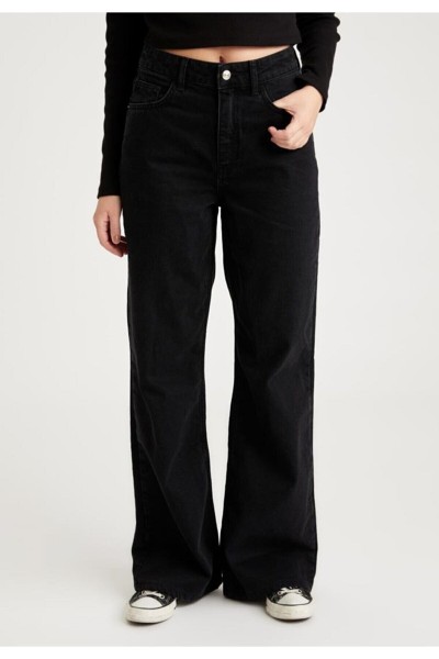 Extra Yüksek A.c.a.i.p S.o.l.m.a.z Siyah Salaş Jeans Palazzo Pantolon (süper Yüksek Solmayan)